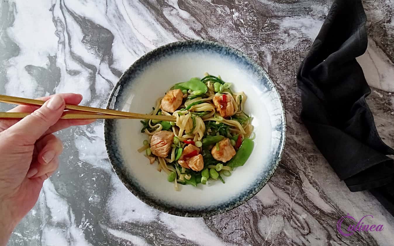 Noedels met zalm en roerbakgroente