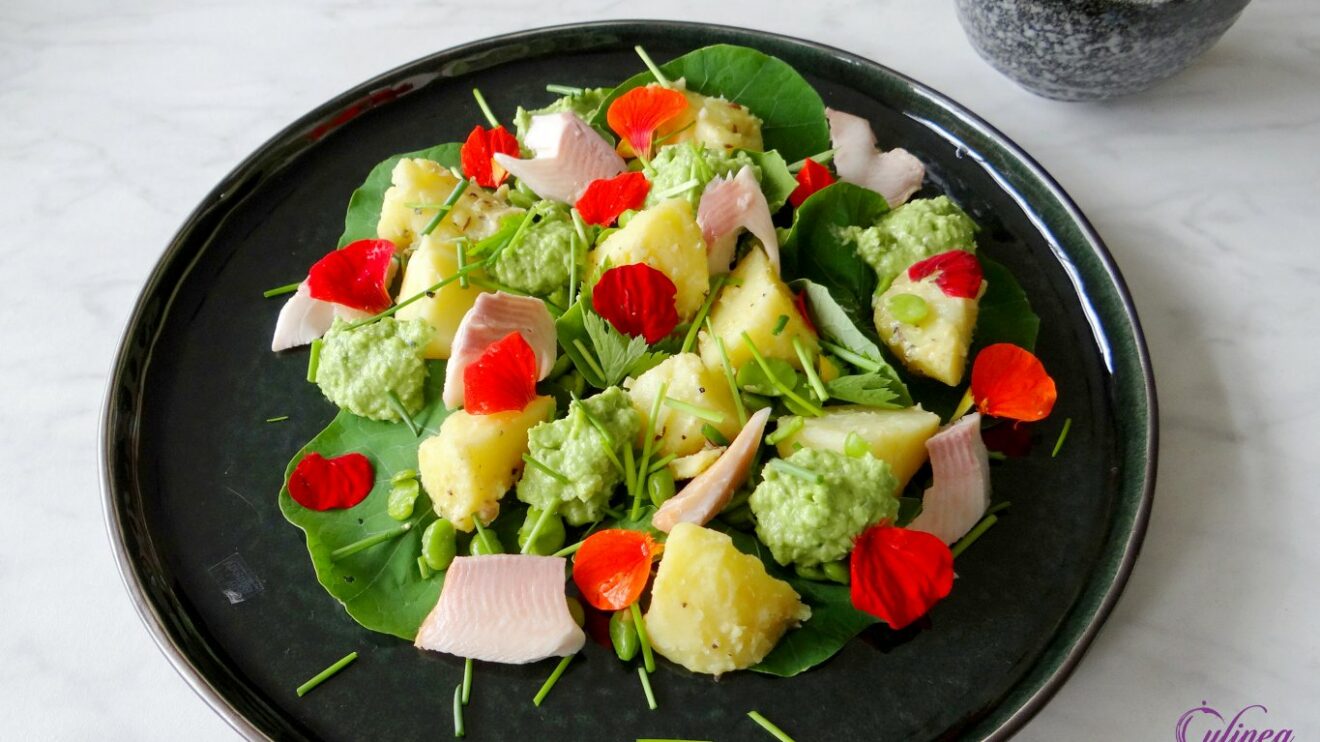 Aardappel tuinbonensalade met gerookte forel