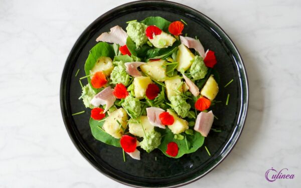 Aardappel tuinbonensalade met gerookte forel