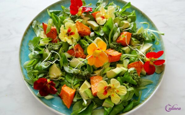 Salade met avocado en geroosterde pompoen