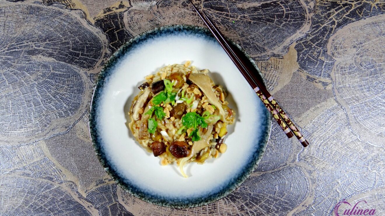 Teriyaki risotto met paddenstoelen en kastanjes