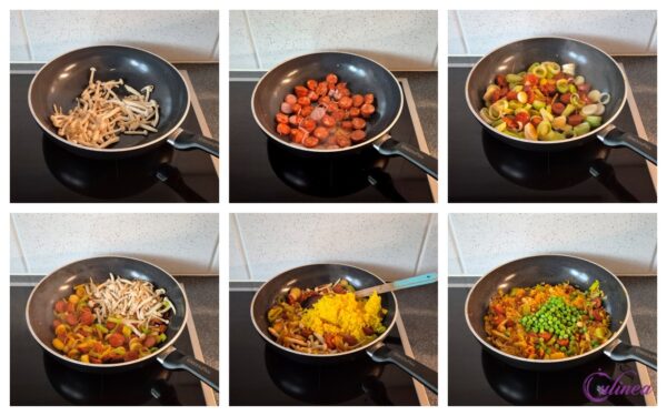 Gele rijst met chorizo, prei en paddenstoelen