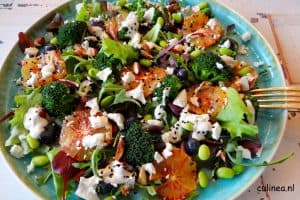Salade van broccoli, bloedsinaasappel en feta