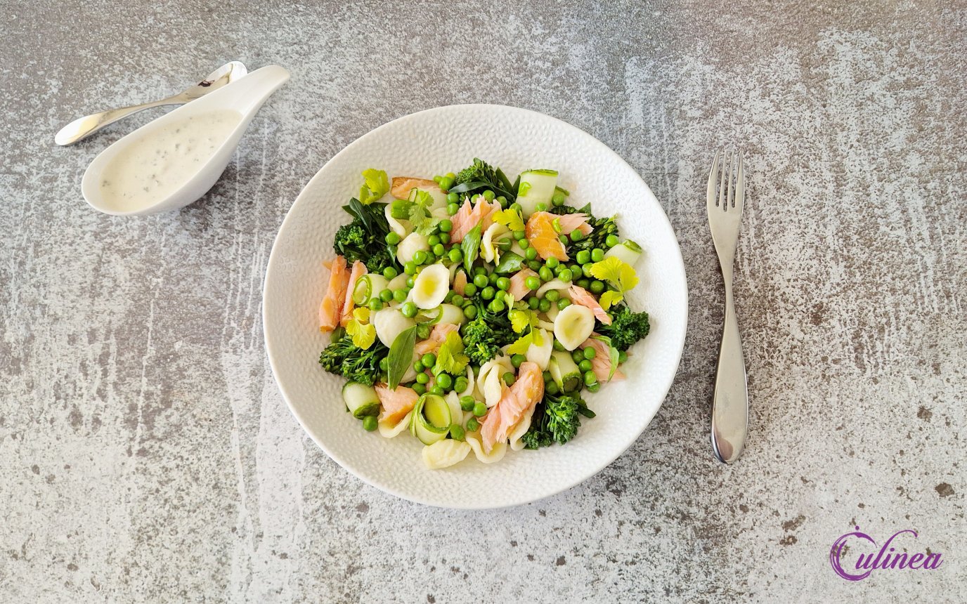 Pasta Salade met Gerookte Zalm, Broccoli en Komkommer