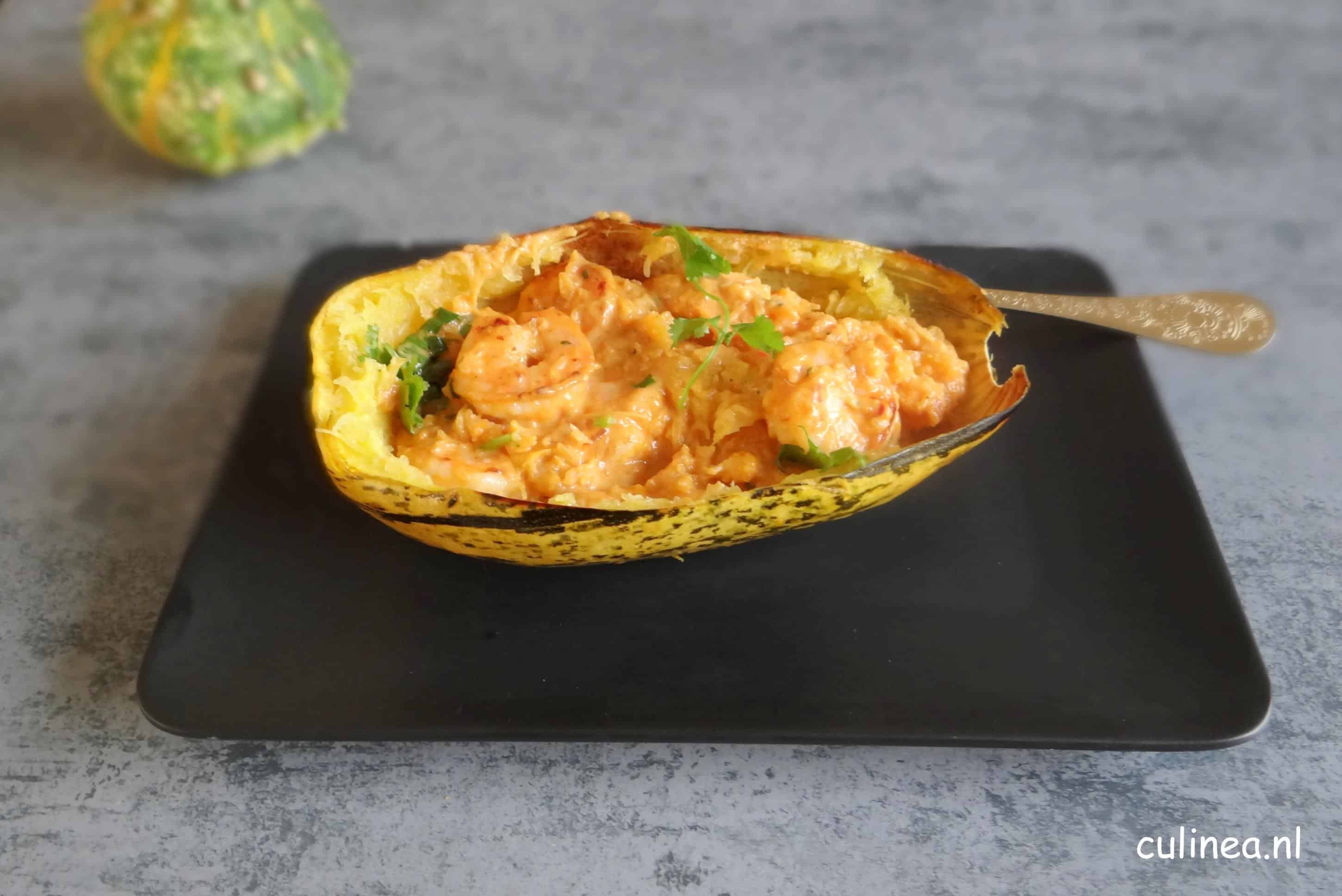 Spaghetti pompoen met garnalen