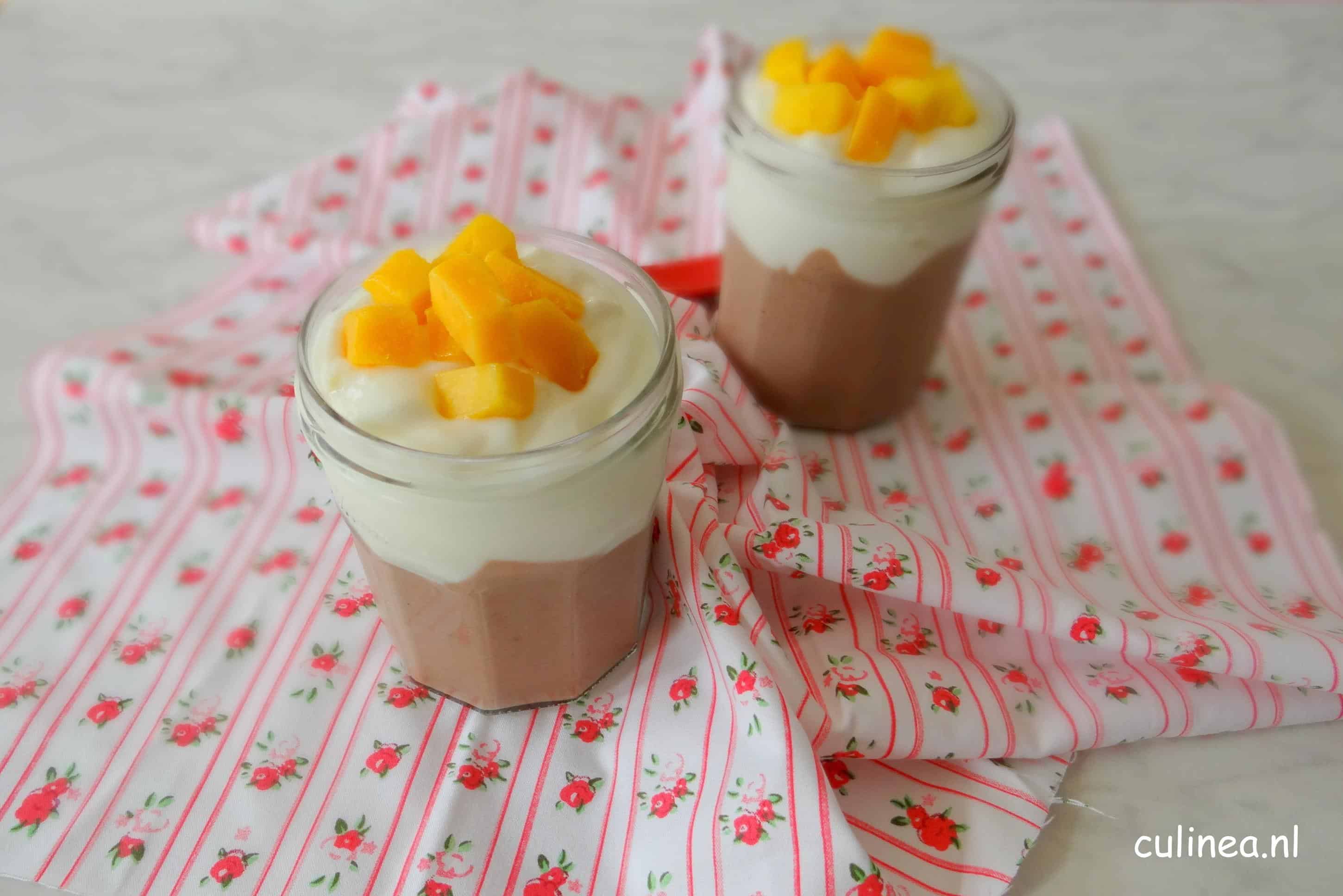 Twee kleuren kokosyoghurt met mango