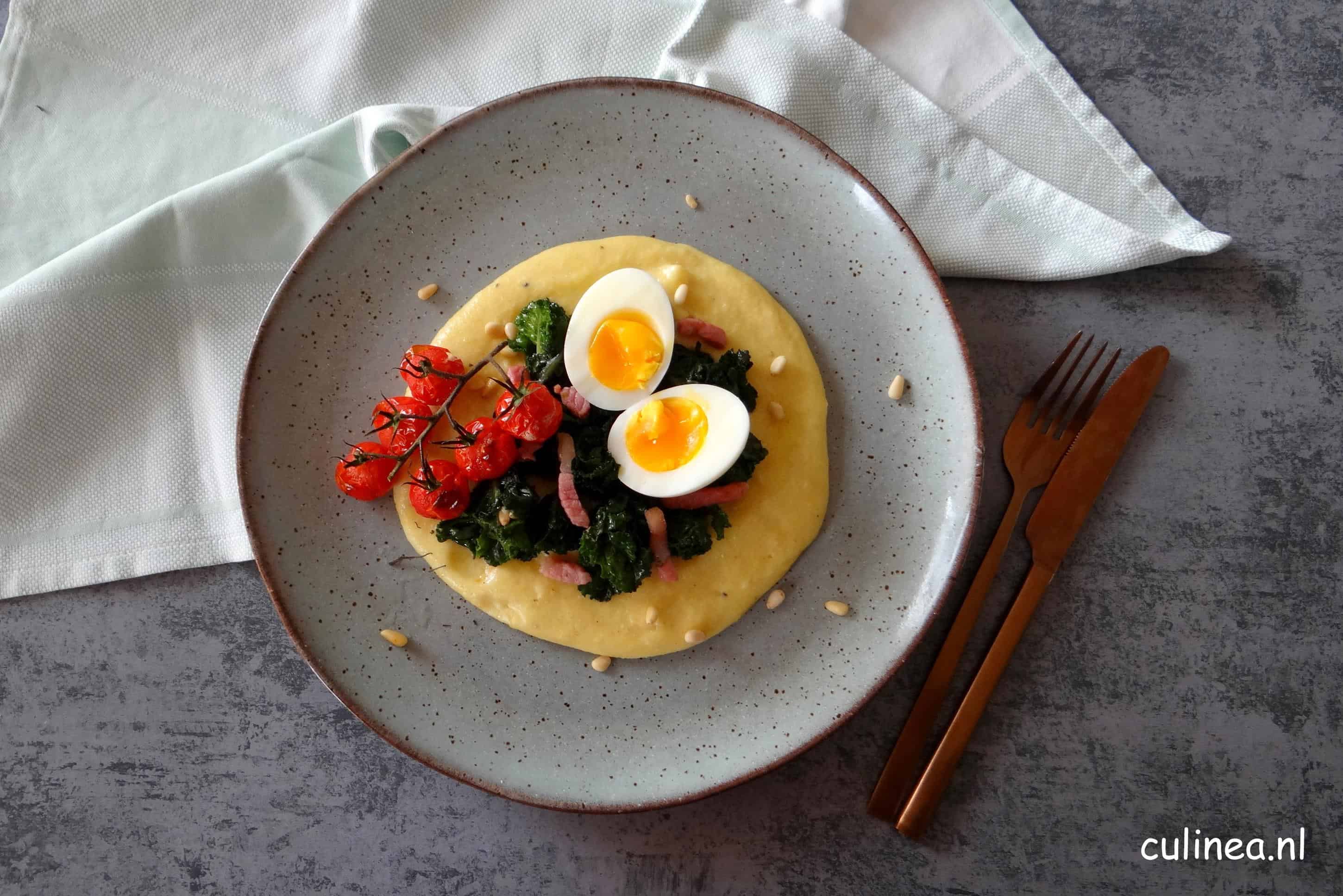 Polenta met kalettes, spekjes en tomaatjes