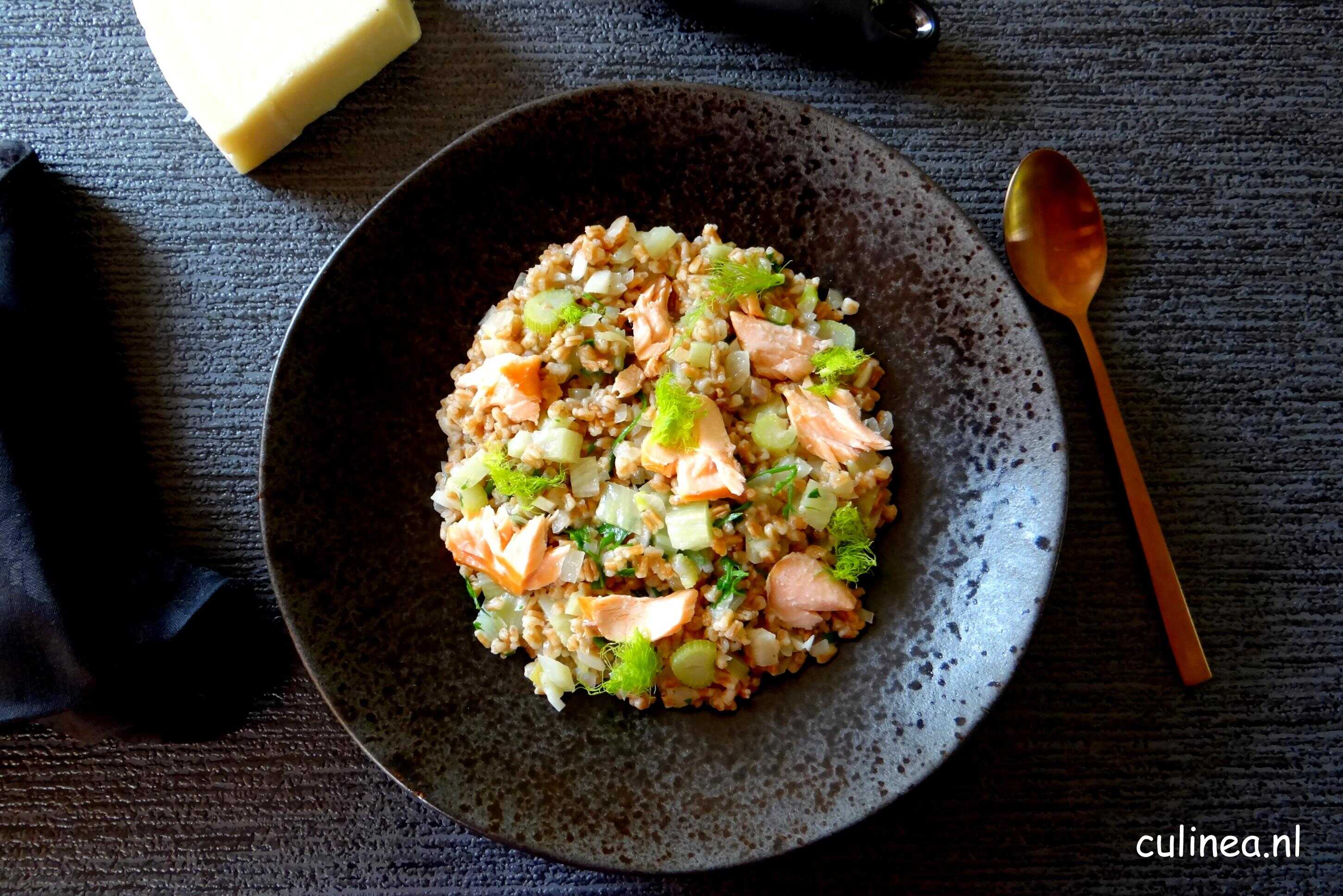 Speltrisotto met venkel en gerookte zalm