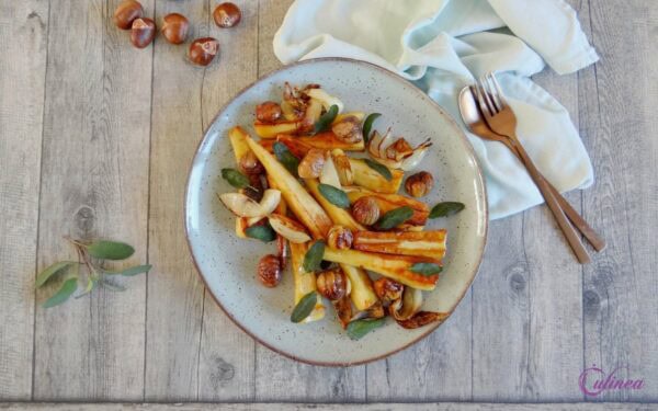 Pastinaak met tamme kastanjes uit de oven