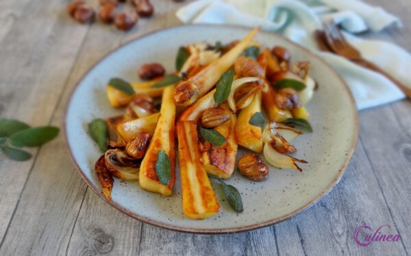 Pastinaak met tamme kastanjes uit de oven