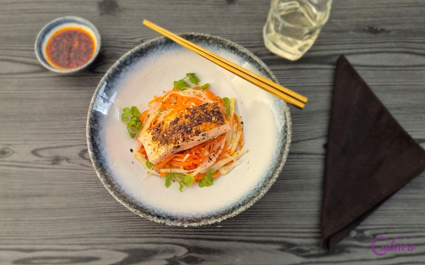 Noedels met soto zalm en asperges