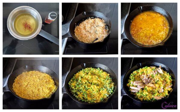 Saffraan paella met erwten en makreel
