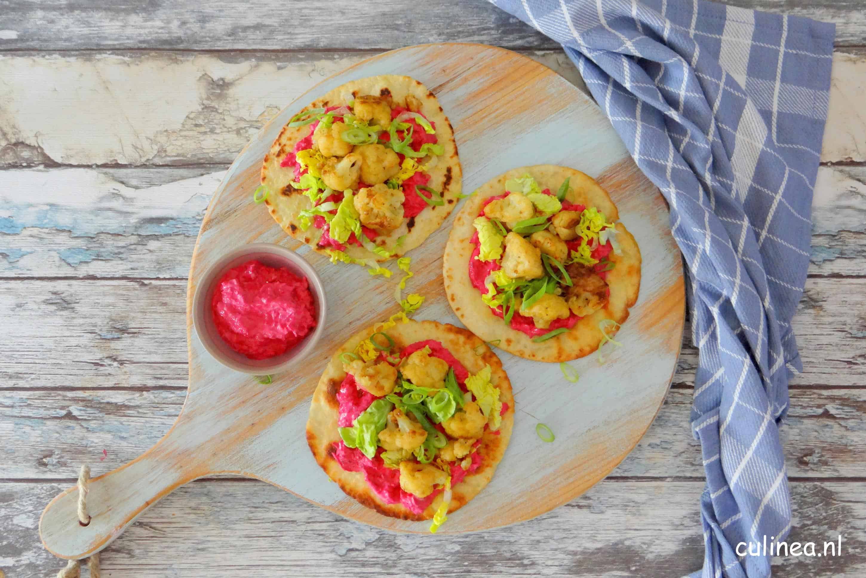 Taco met bloemkoolshoarma en biettzatziki