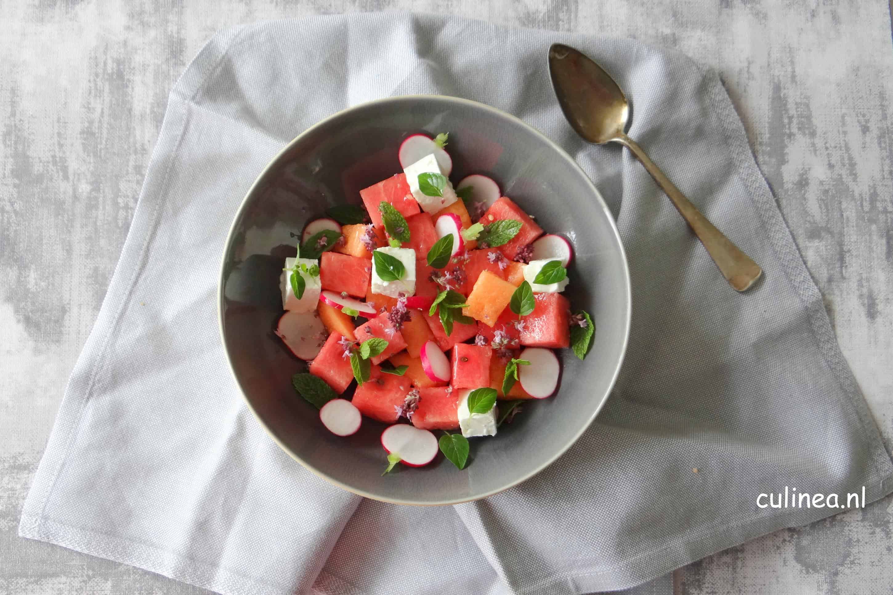 Meloensalade met feta en kruiden