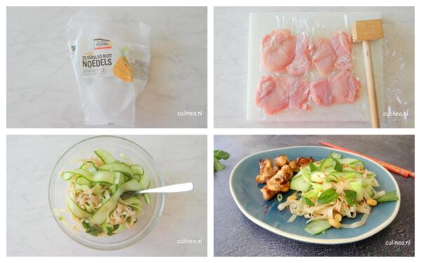 Pittige kipdijfilets met een noedelsalade