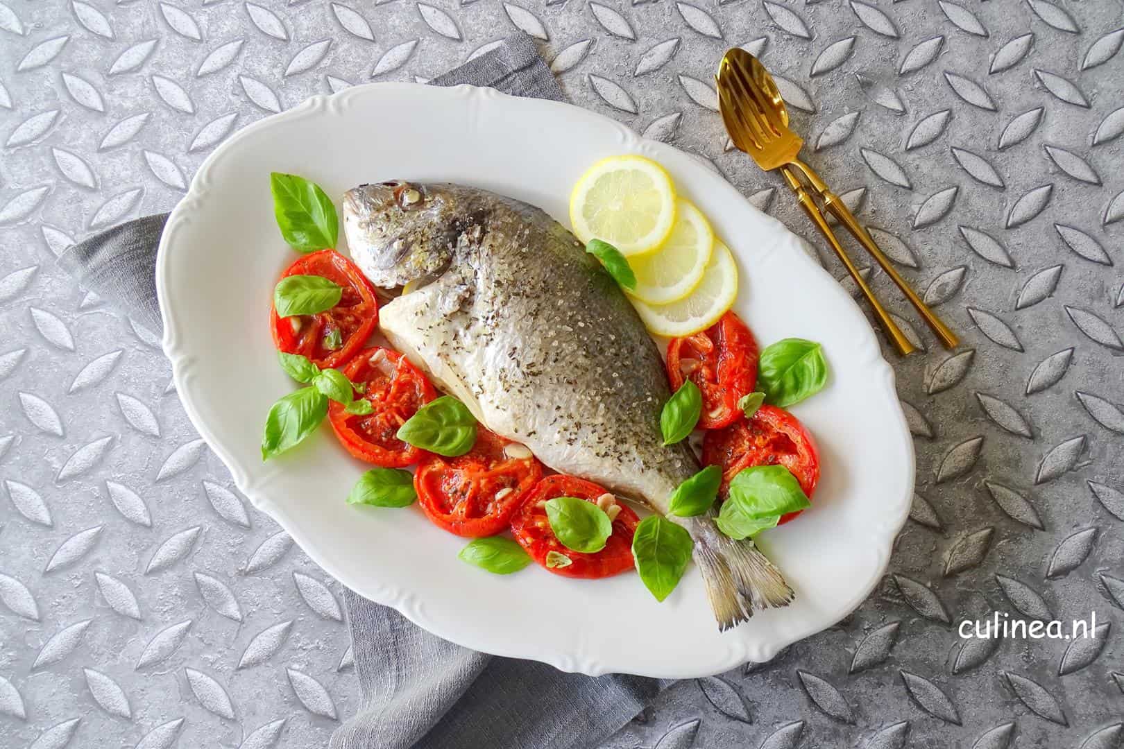 Hele dorade met tomaten en basilicum