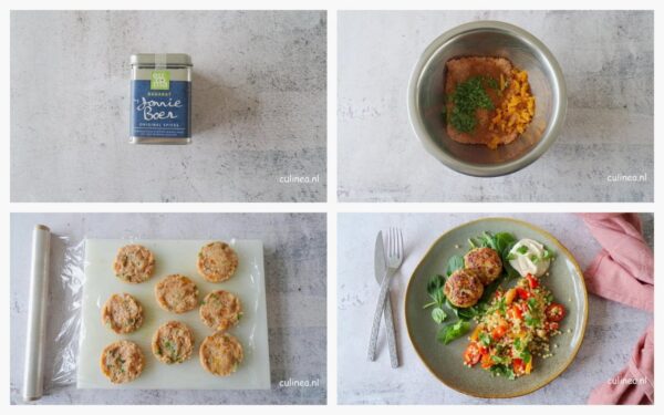 Kipgehaktburgertjes met baharat en parelcouscous