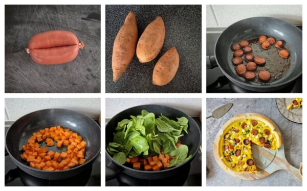 Hartige taart met zoete aardappel en sucuk