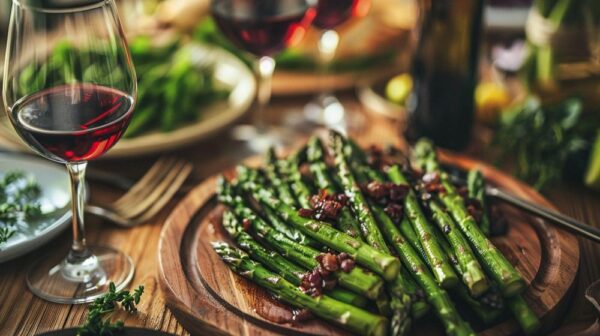 een bord met asperges met een glas wijn ernaast