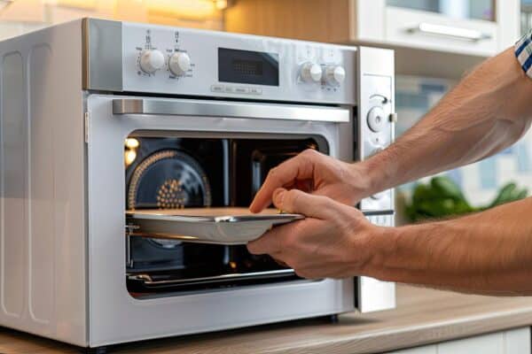 een persoon die zijn eten in de magnetron doet