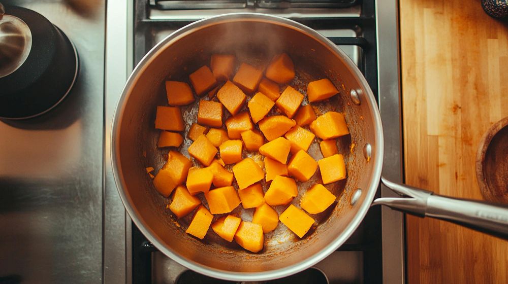 pompoen in een pan dat aan het koken is