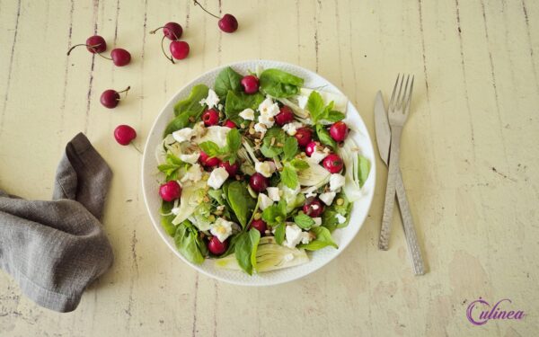 Salade met Spinazie, Venkel, Geitenkaas en Kersen