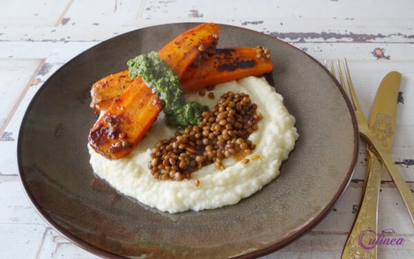 Miso Wortel met Knolselderijpuree en groene Chutney