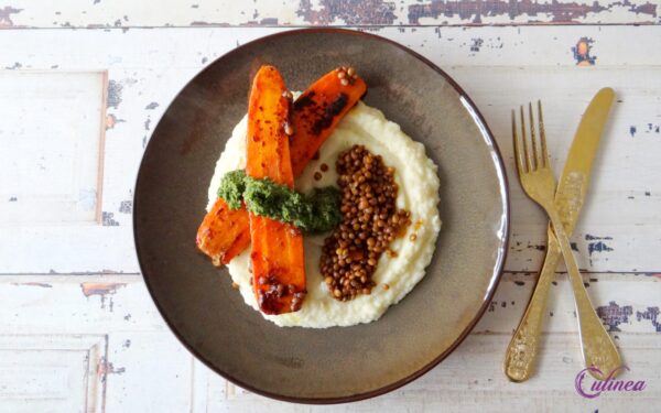Miso Wortel met Knolselderijpuree en groene Chutney